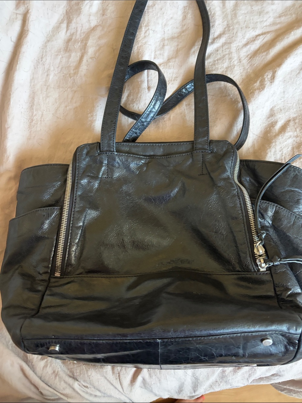 HOBO Black Leather Tote with Zip Pocket Accents